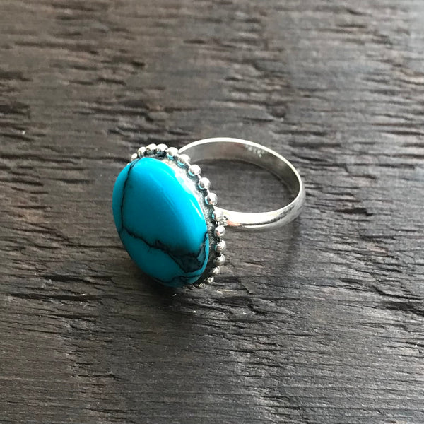 'White Isle' Round Blue Turquoise Sterling Silver Ring With Ethnic Bead - Adjustable