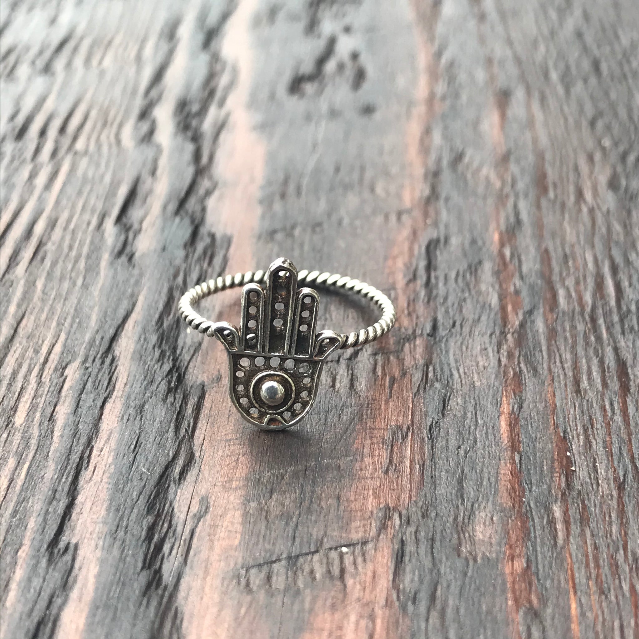 Hamsa Hand Twisted Band Sterling Silver Ring