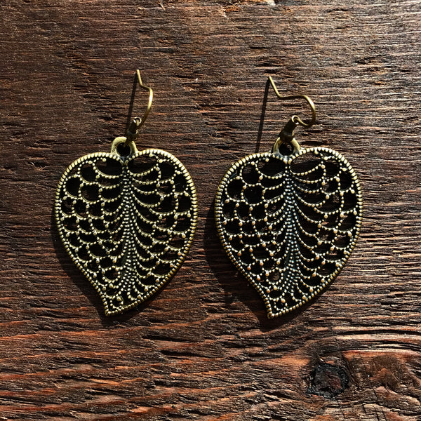 ‘Just Brass' Filigree Leaf Design Drop Earrings