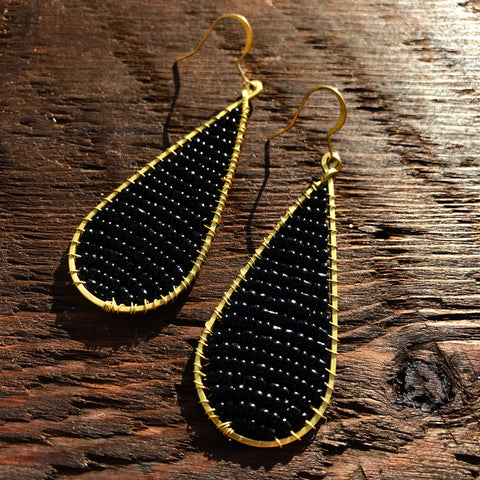 'Bead Love' Handmade Teardrop Bead & Brass Drop Earrings - Black