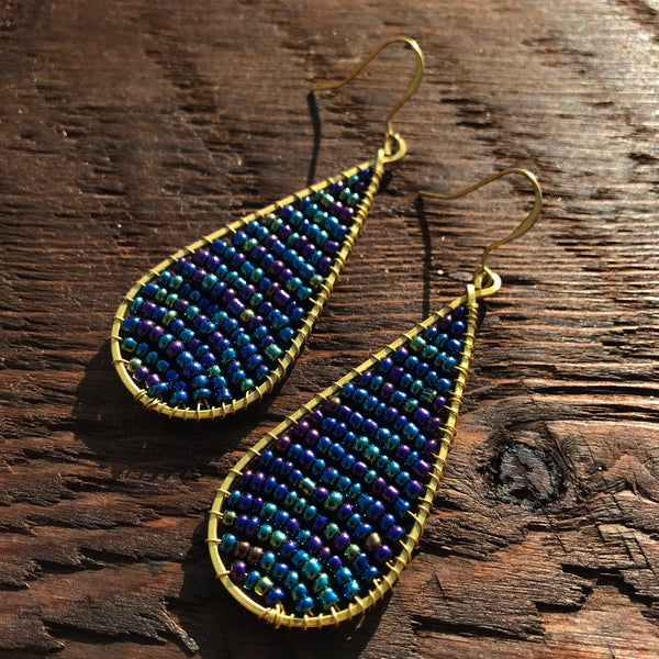 'Bead Love' Handmade Teardrop Bead & Brass Drop Earrings - Blue