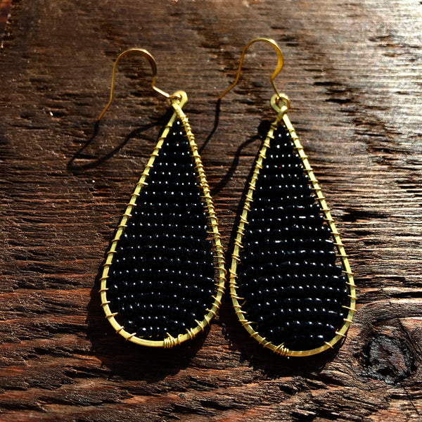 'Bead Love' Handmade Teardrop Bead & Brass Drop Earrings - Black