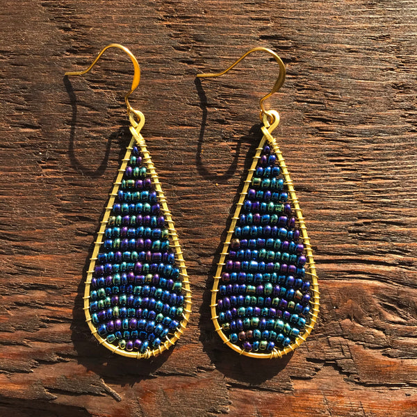 'Bead Love' Handmade Teardrop Bead & Brass Drop Earrings - Blue
