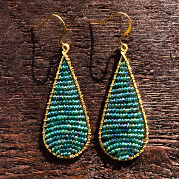 'Bead Love' Handmade Teardrop Bead & Brass Drop Earrings - Green