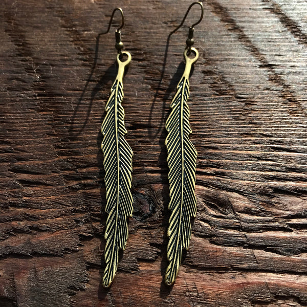 ‘Just Brass' Long Thin Leaf Design Drop Earrings