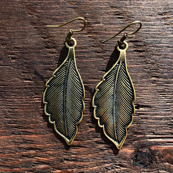 ‘Just Brass' Solid Leaf Design Drop Earrings