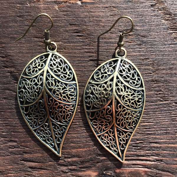 ‘Just Brass' Antique Style Leaf Design Drop Earrings