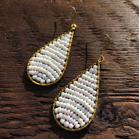 'Bead Love' Handmade Teardrop Bead & Brass Drop Earrings - White