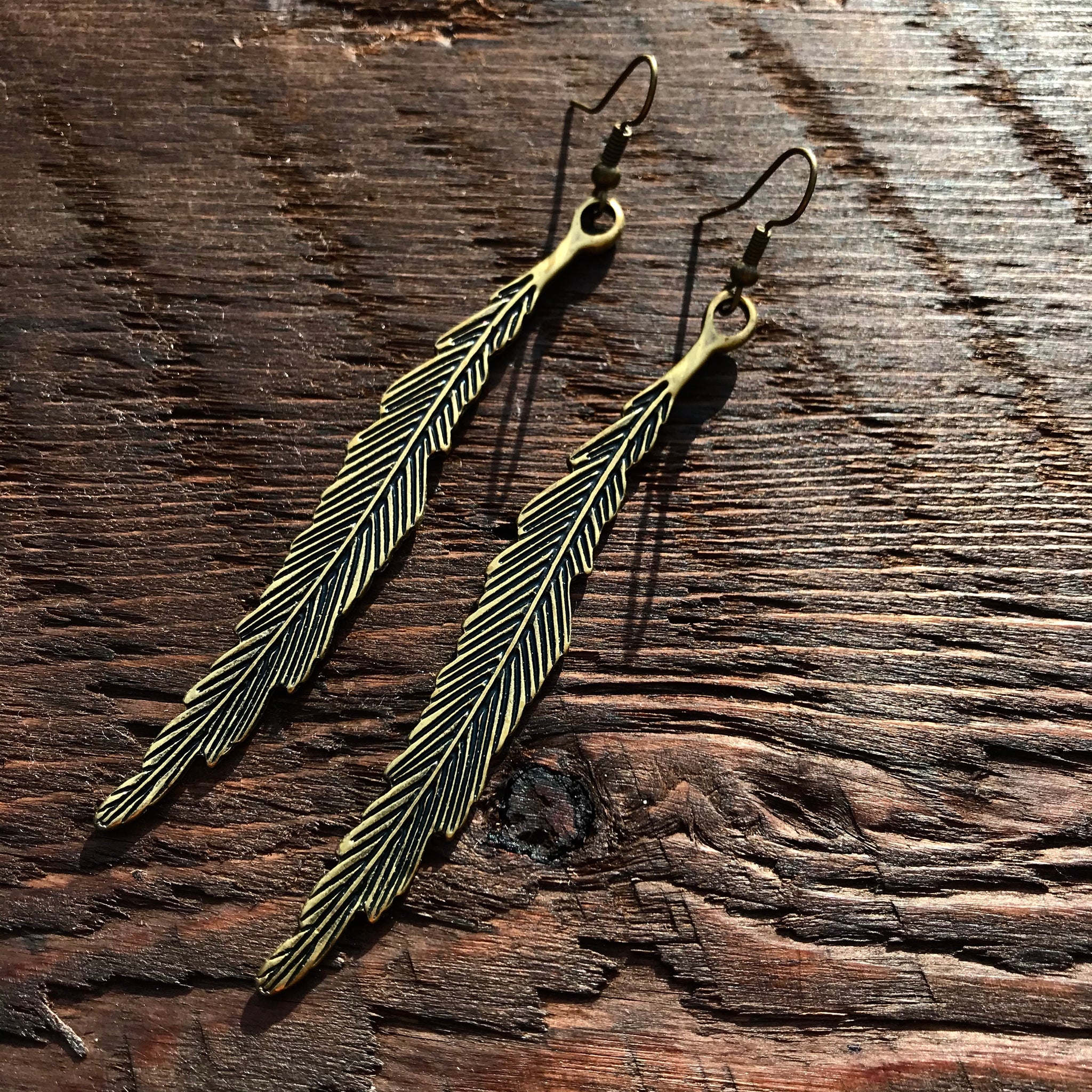 ‘Just Brass' Long Thin Leaf Design Drop Earrings