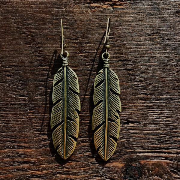 ‘Just Brass' Feather Design Drop Earrings