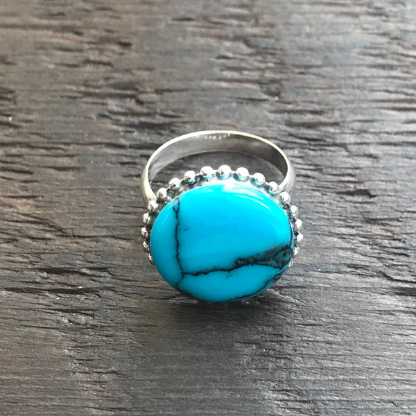 'White Isle' Round Blue Turquoise Sterling Silver Ring With Ethnic Bead - Adjustable