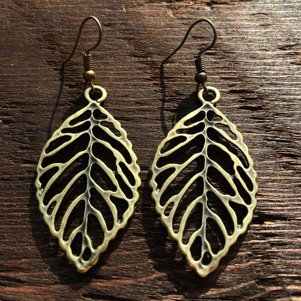‘Just Brass' Outline Leaf Design Drop Earrings
