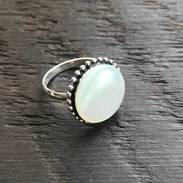 Mother of Pearl Round Ethnic Bead Sterling Silver Ring - Adjustable