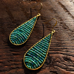 'Bead Love' Handmade Teardrop Bead & Brass Drop Earrings - Green