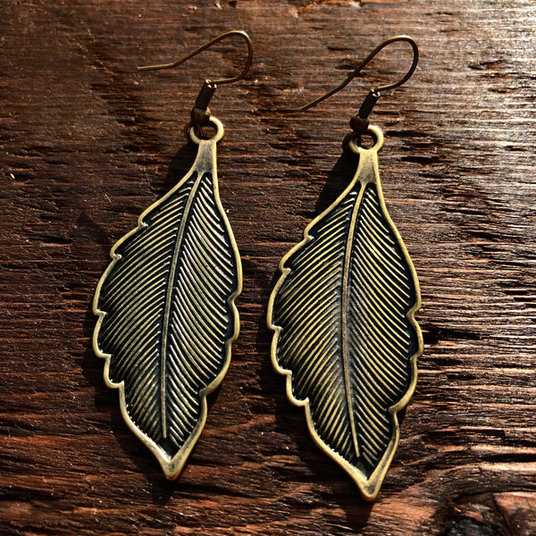 ‘Just Brass' Solid Leaf Design Drop Earrings
