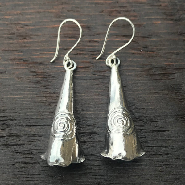 'Karen Hill Tribe' Spiral Design Bell Shaped Sterling Silver Earrings