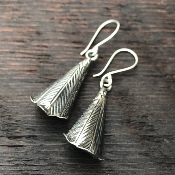 'Karen Hill Tribe' Bell Shaped Etched Design Sterling Silver Earrings