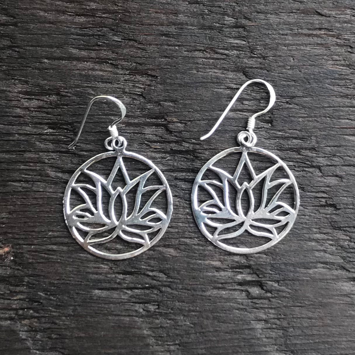 ‘Circular Lotus Flower’ Sterling Silver Drop Earrings