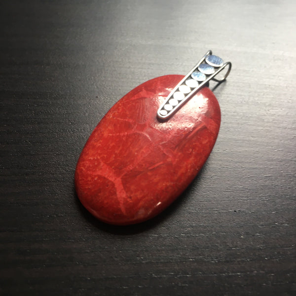 ‘Vitality’ Statement Red Coral Oval Silver Tipped Pendant