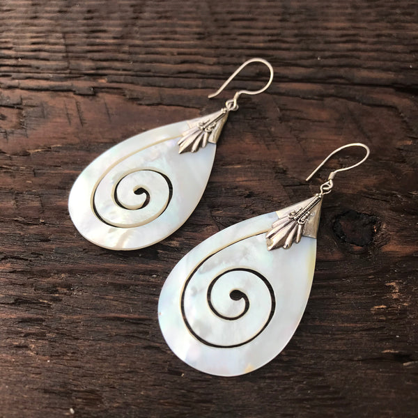 Pear Shaped Mother Of Pearl Spiral Design Drop Earrings