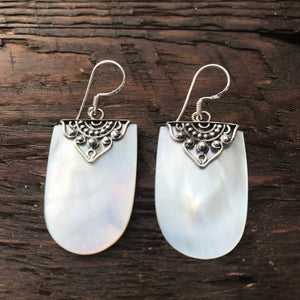 Oval Mother Of Pearl & Sterling Silver Embellished Design Drop Earrings