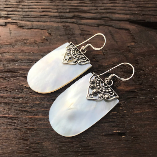 Oval Mother Of Pearl & Sterling Silver Embellished Design Drop Earrings