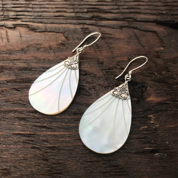 Pear shaped Mother Of Pearl Drop Earrings With Etched Design & 925 Sterling Silver Embellishment