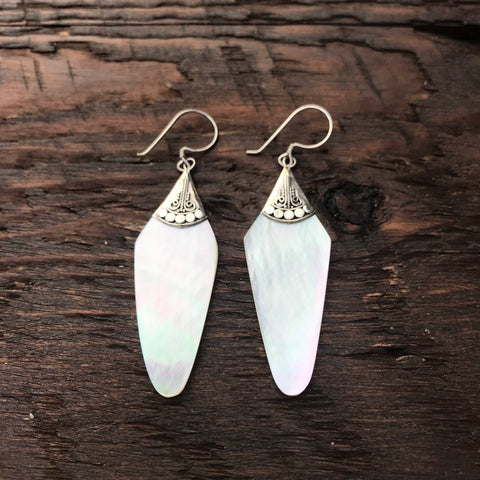 Elongated Mother Of Pearl Drop Earrings With 925 Sterling Silver Embellishment