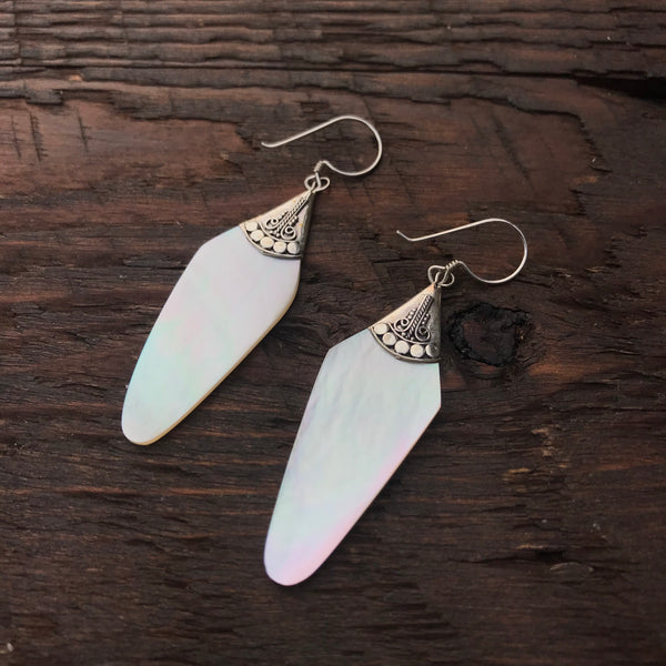 Elongated Mother Of Pearl Drop Earrings With 925 Sterling Silver Embellishment