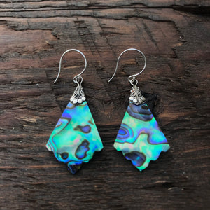 Scalloped Edge Abalone Shell Rhombus Shaped Drop Earrings With 925 Sterling Silver Embellishment
