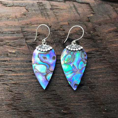 Abalone Drop Earrings With Ethnic Design 925 Sterling Silver Embellishment