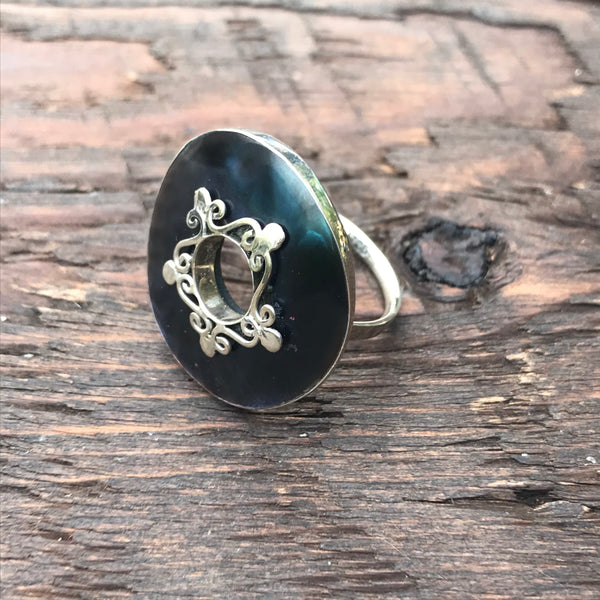 Black Mother of Pearl Abstract Design Embellishment Sterling Silver Ring