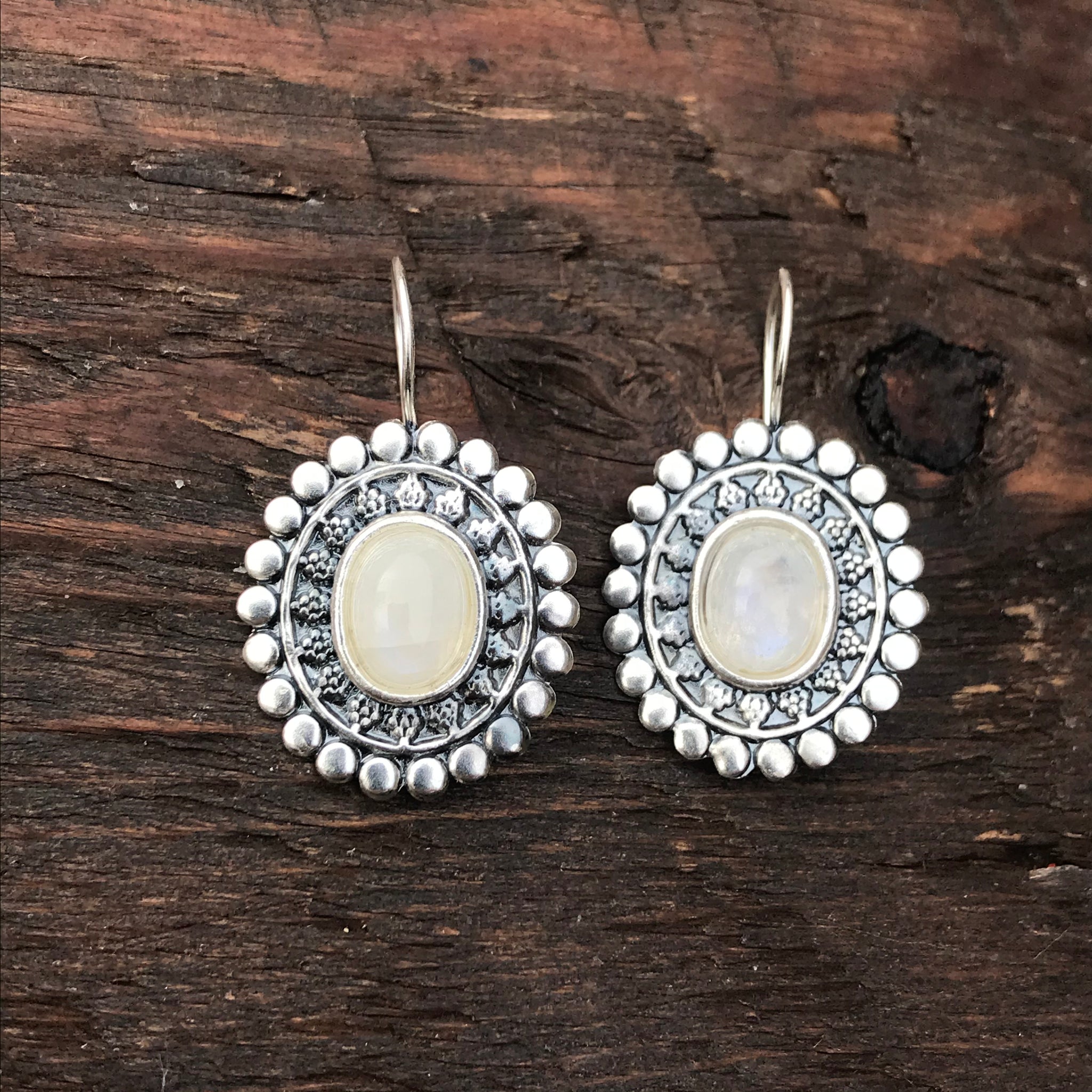 Moonstone Ethnic Design Sterling Silver Drop Earrings