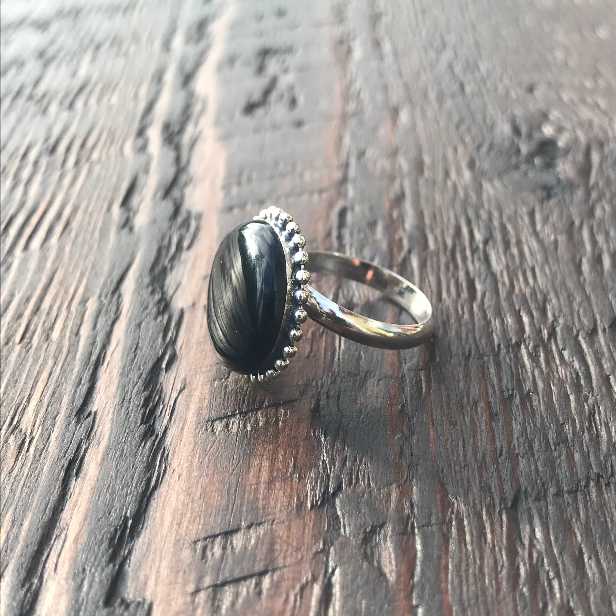 Round Black Sterling Silver Ring With Ethnic Bead - Adjustable
