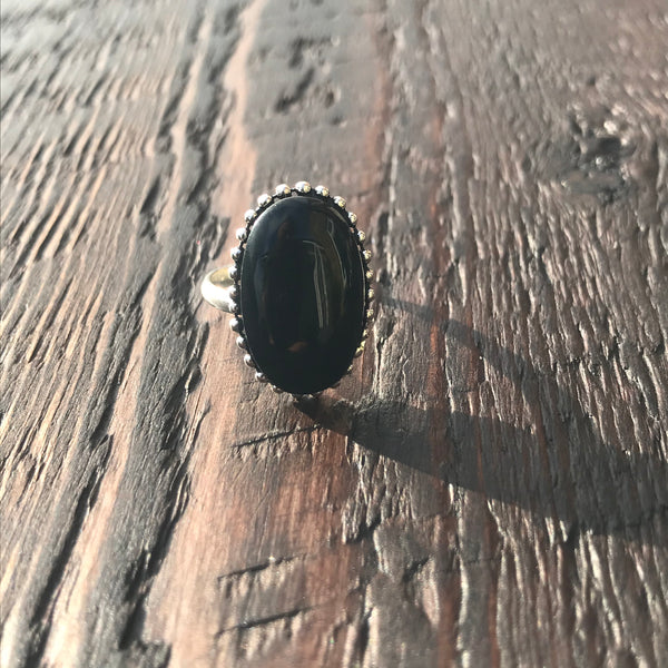 Oval Black Sterling Silver Ring With Ethnic Bead - Adjustable