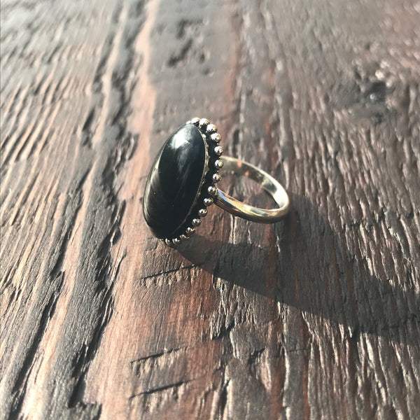 Oval Black Sterling Silver Ring With Ethnic Bead - Adjustable
