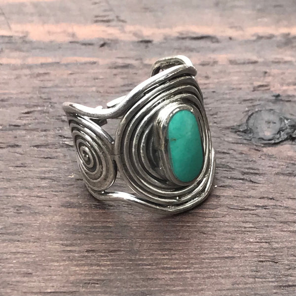 Spiral Circles Sterling Silver & Green Turquoise Ring