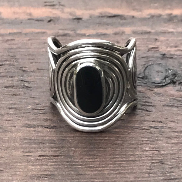 Spiral Circles Sterling Silver & Black Onyx Ring