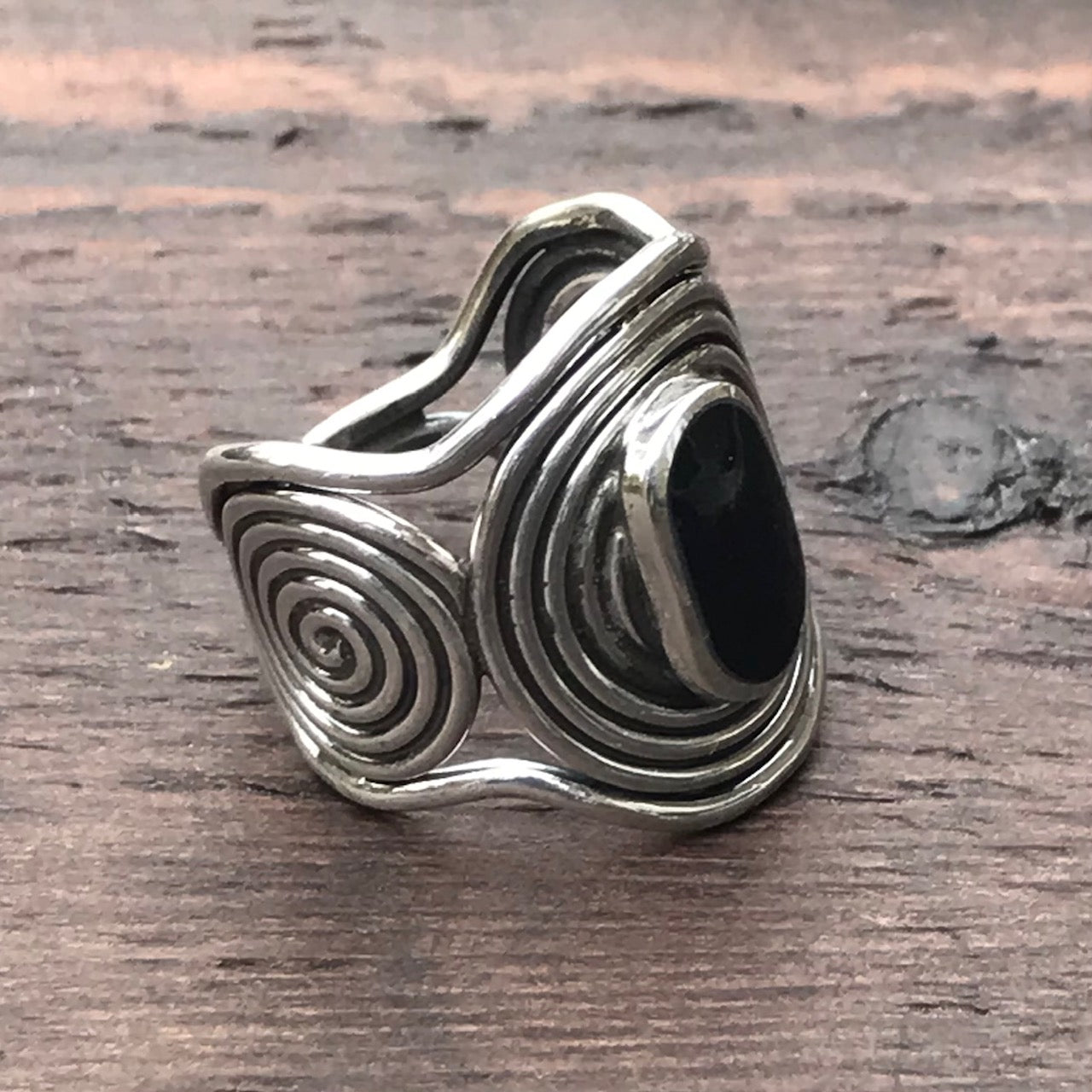 Spiral Circles Sterling Silver & Black Onyx Ring