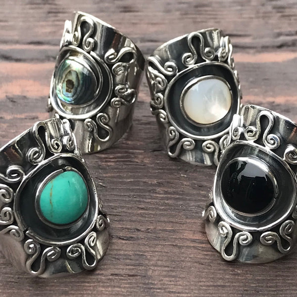 Tribal Swirl Sterling Silver & Abalone Ring