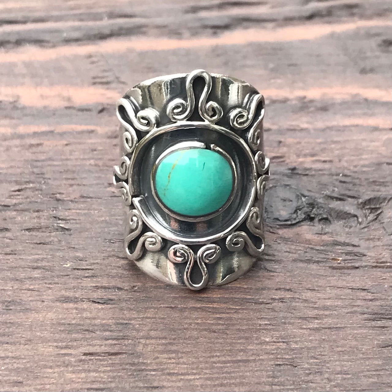 Tribal Swirl Sterling Silver & Green Turquoise Ring