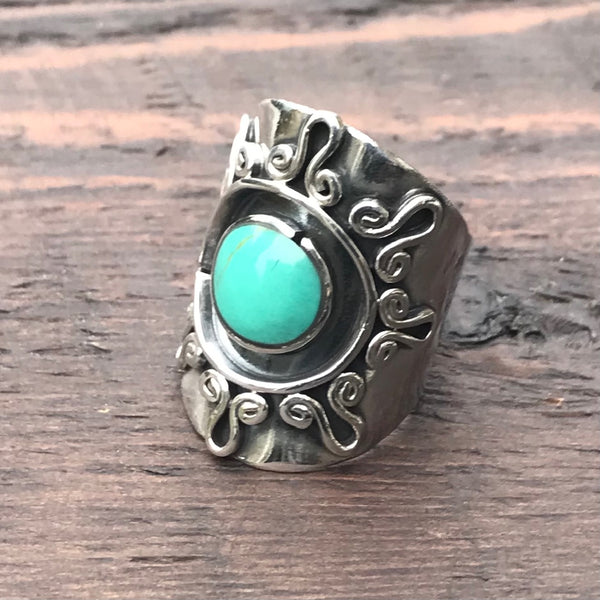 Tribal Swirl Sterling Silver & Green Turquoise Ring