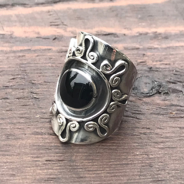Tribal Swirl Sterling Silver & Black Onyx Ring