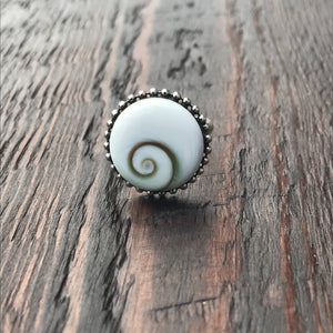 Round Shiva Shell Sterling Silver Ring With Ethnic Bead - Adjustable