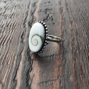 Oval Shiva Shell Sterling Silver Ring With Ethnic Bead - Adjustable