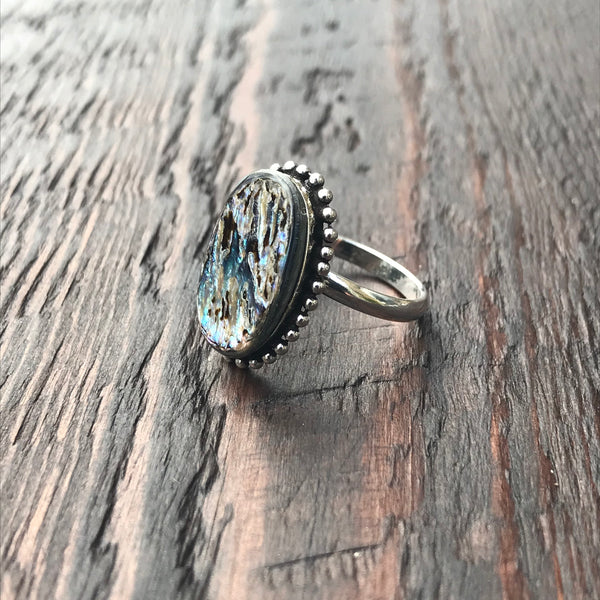 Oval Abalone Shell Sterling Silver Ring With Ethnic Bead - Adjustable