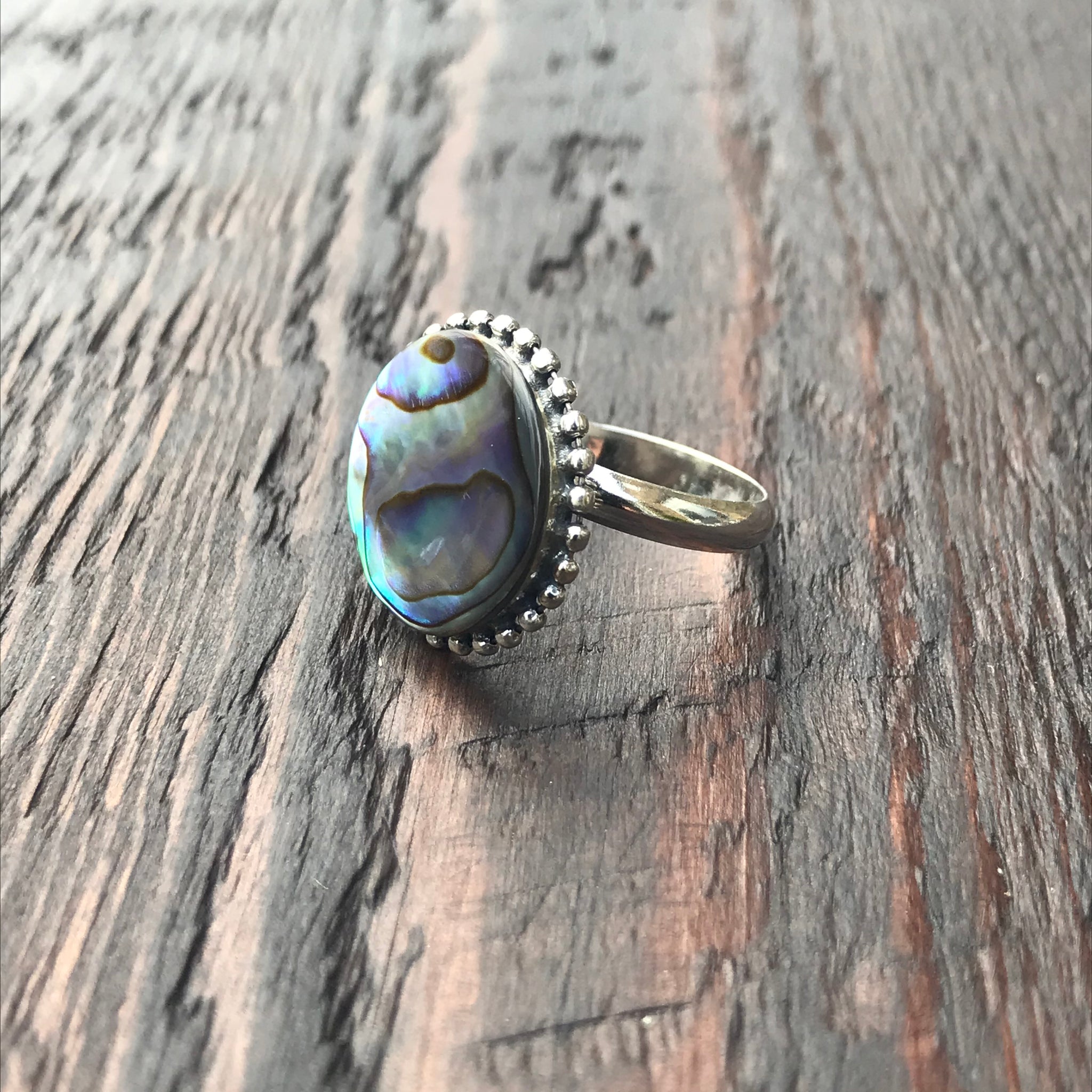 Round Abalone Shell Sterling Silver Ring With Ethnic Bead - Adjustable