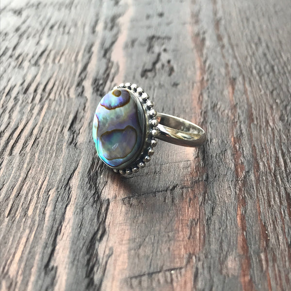 Round Abalone Shell Sterling Silver Ring With Ethnic Bead - Adjustable