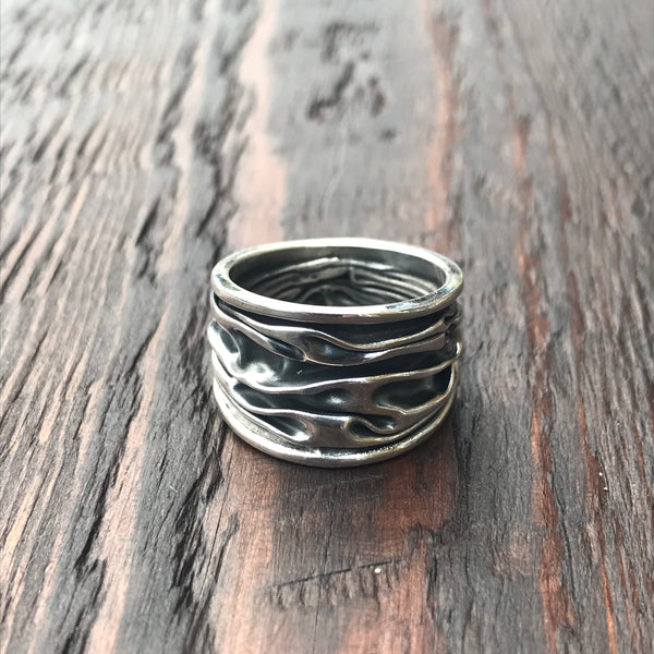 'Rocks' Wide Band Sterling Silver Ring