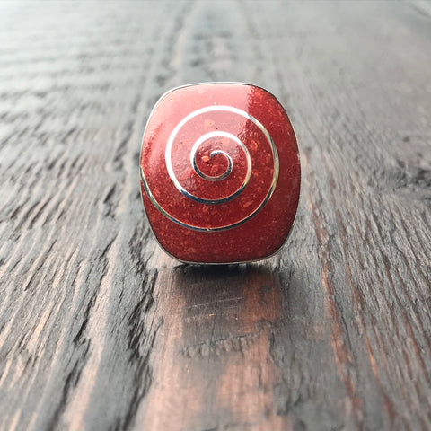 Coral Silver Spiral Inlay Statement Sterling Silver Ring